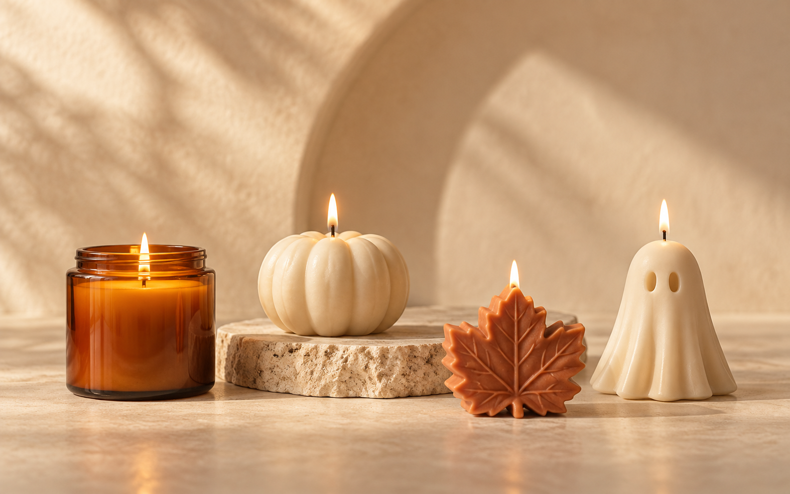 Tijdelijke collectie-foto met handgemaakte herfstkaarsen